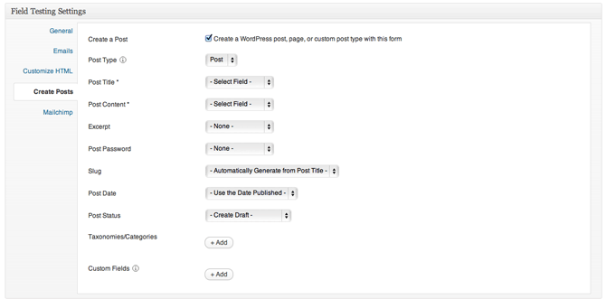 WordPress front end posting settings