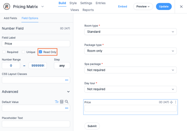 WordPress Price List form to request a quote