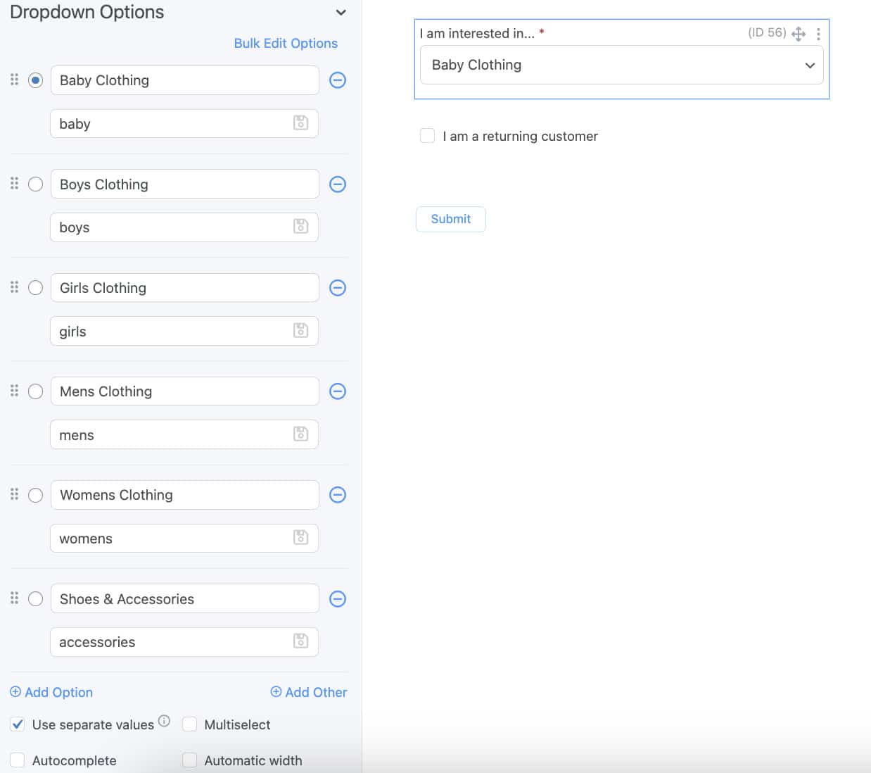 Conditional Form Redirect after Form Submit example form
