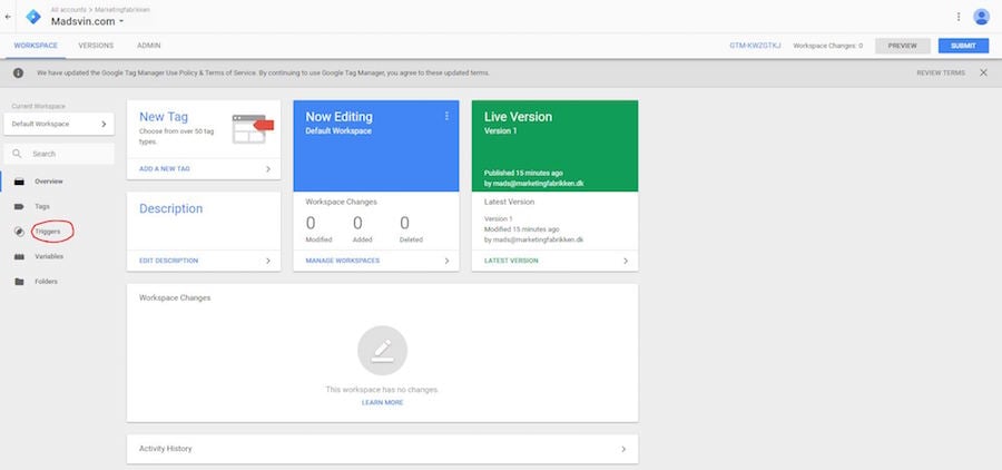 Google tag manager form submit triggers menu