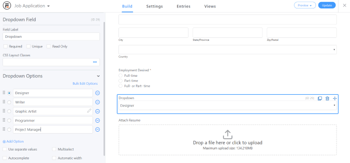 WordPress employment application form position