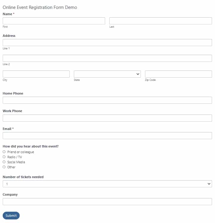WordPress events registration form template