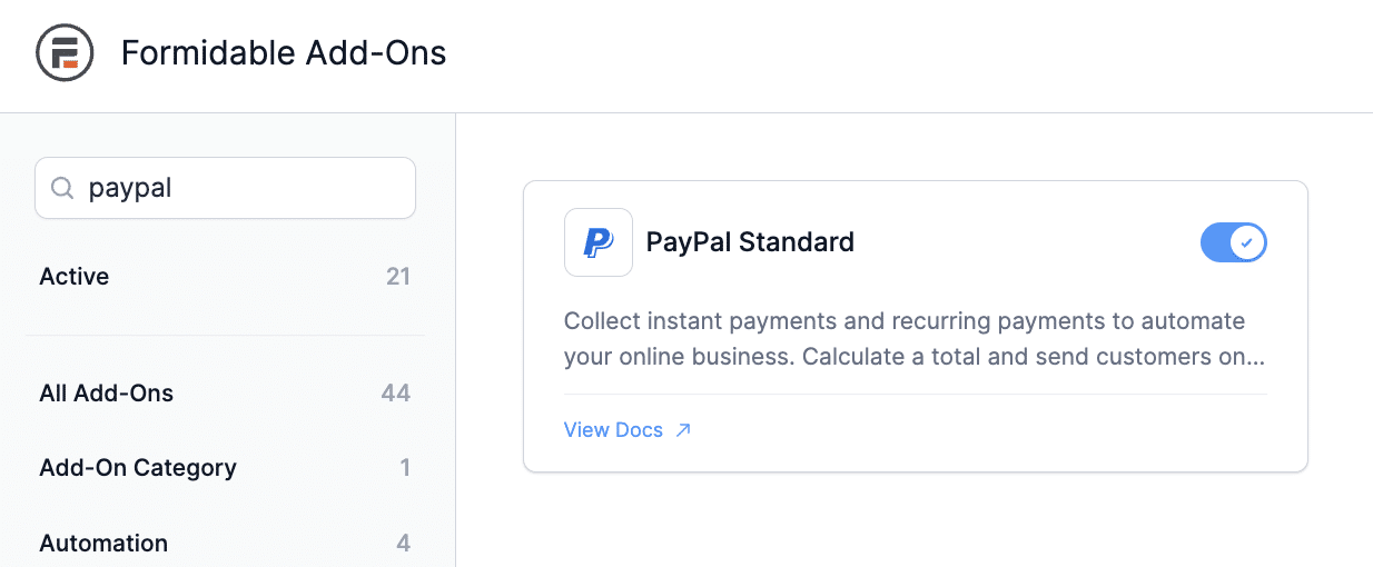 Toggle the Formidable Forms PayPal WordPress plugin on for payments