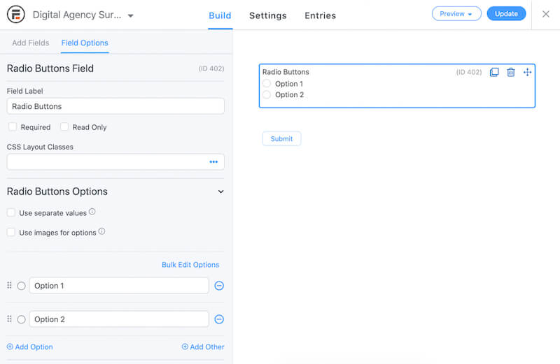 Formidable Forms Radio Buttons field options