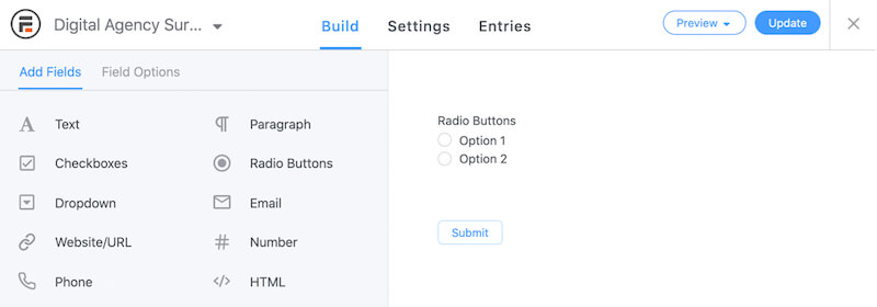 The Radio Buttons field added to a Formidable form