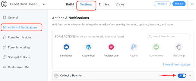 setting the payment collection option to ON