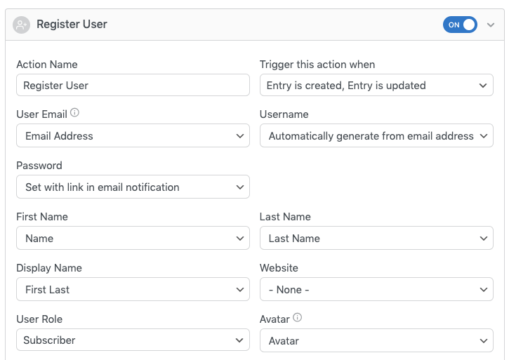 Registration form fields to activate wordpress user profile editing