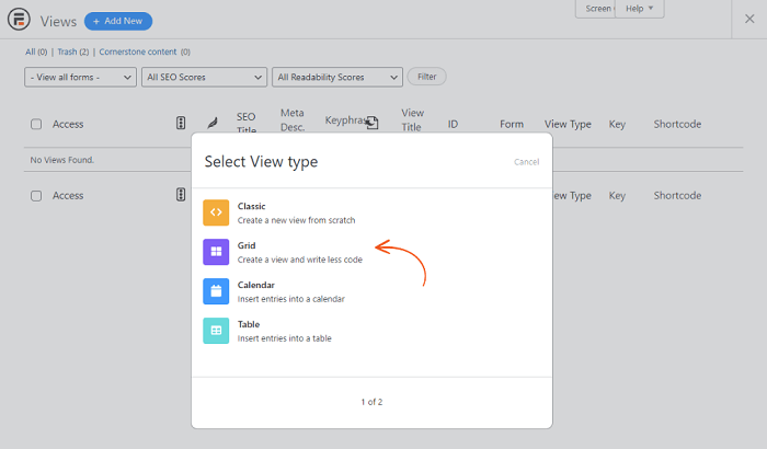 A selection of available view types, with "grid" annotated.
