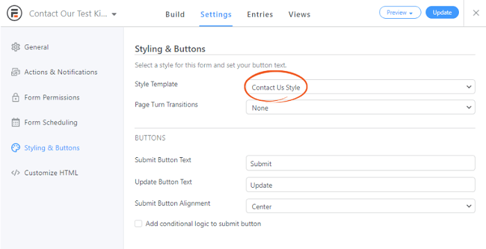 A sample of where to find a contact page's info for a style selection.