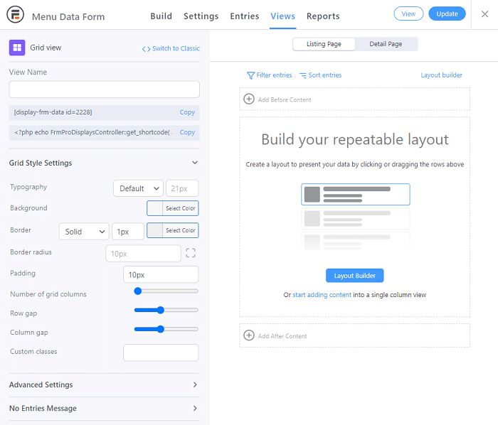The default generated screen for creating a new grid view. Users can fill it in with the right formatting to have it act as a WordPress restaurant menu plugin.