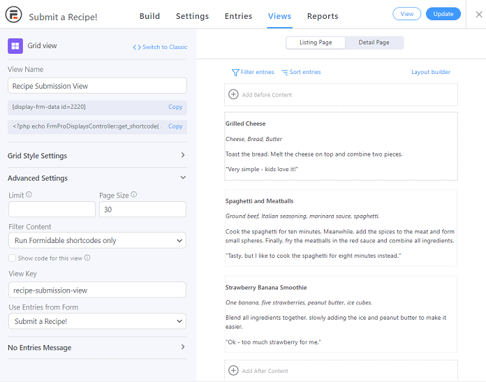 A preview of the changes made in the content editor with the new grid view.