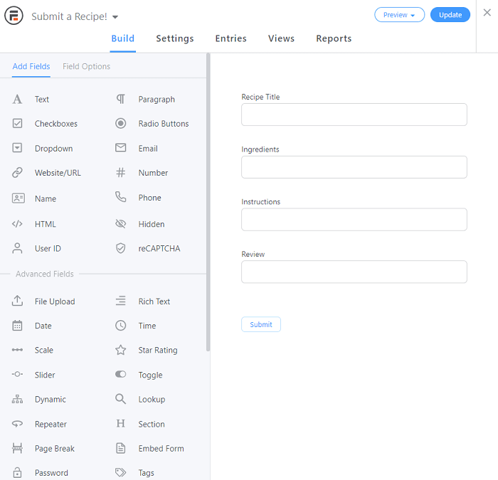Creating a new form using Formidable Forms as a WordPress recipe plugin for a database.