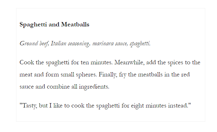 A sample recipe card on the front end.