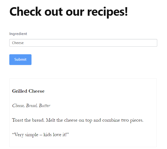 A sample of a searchable recipe form.
