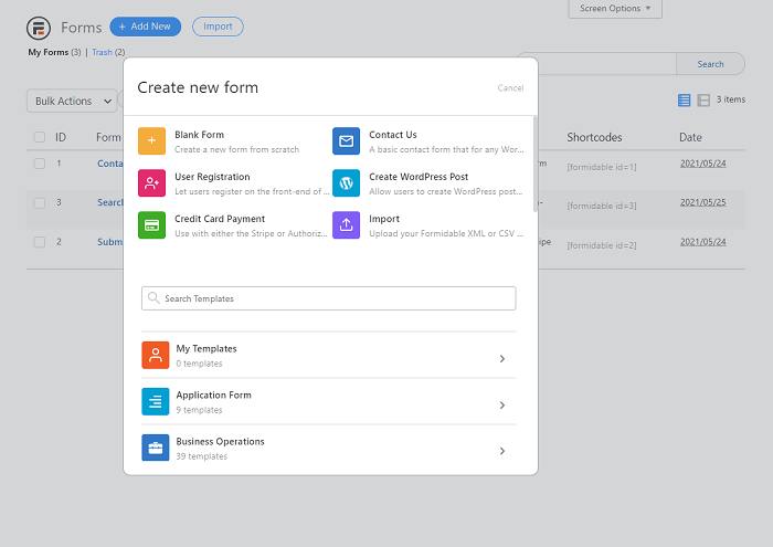A sample of the user's template options. Some may choose to use the recipe template as it will help the program act as a WordPress restaurant menu plugin.