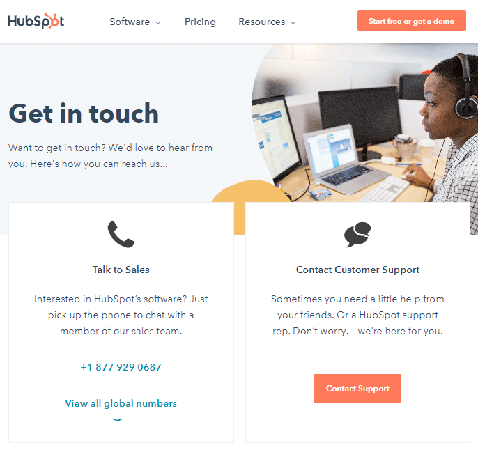 A contact us page example from HubSpot.