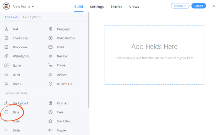 The date field option in the form builder.