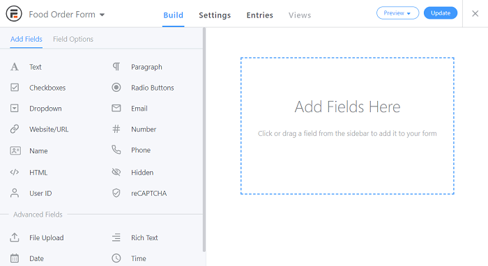 The editing screen for a simple food order form.