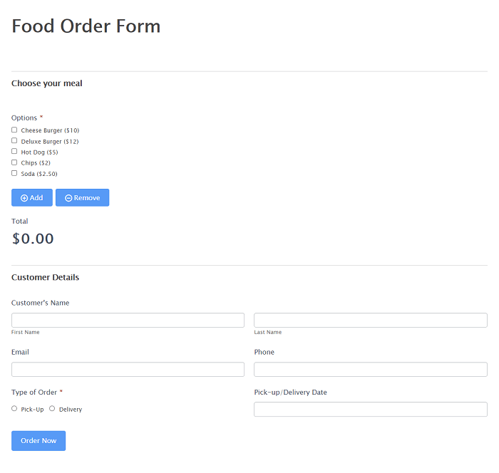 A preview of an online food order form. 