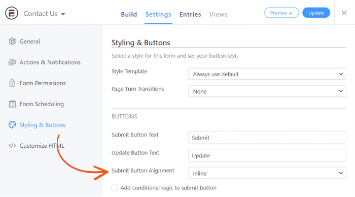 The settings to make a Submit button for an inline form.