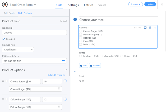Item options for a sample online food order form.