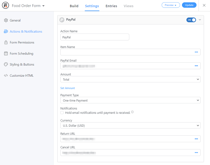 A PayPal action to enable payment on a food order form.
