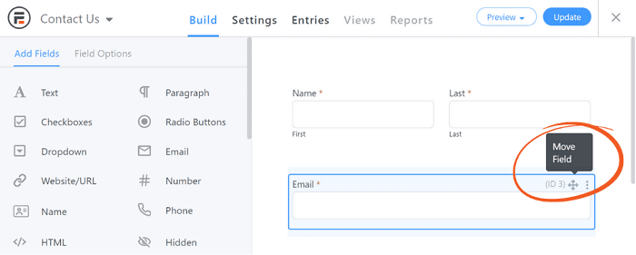 The symbol to drag-and-drop fields into a row to get a contact form with two fields on same line