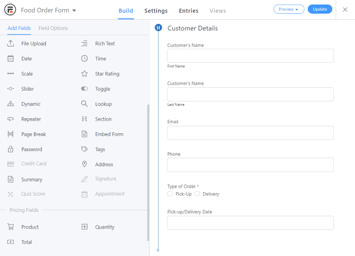 A preview of some sample user information fields in the food order form.