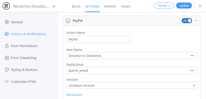 An example of the PayPal settings to add it to a form, a crucial step for setting up a recurring donation WordPress option.