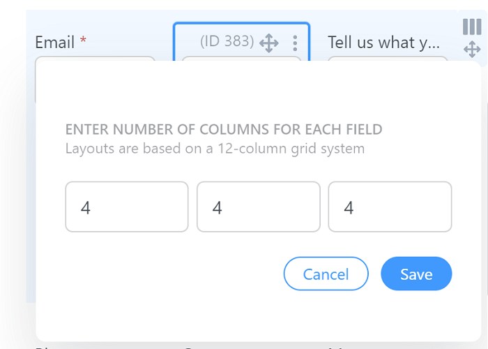The field proportion options for each column.