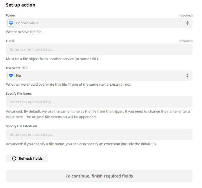 The options for setting up WordPress Dropbox form actions.