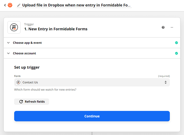 A screen to select the Formidable trigger for the WordPress Dropbox form upload.