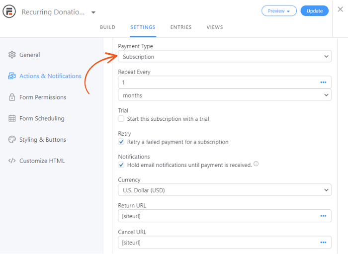 An image highlighting the necessary 'subscription' option for recurring payments. 