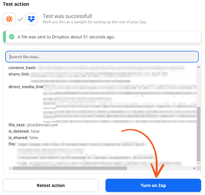The results of a successful Dropbox test.