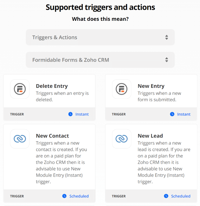 Choosing triggers and actions for your WordPress Zoho CRM integration