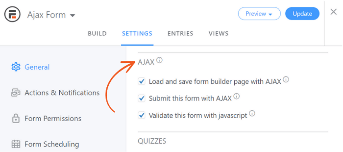 The WordPress Ajax form settings in Formidable Forms.