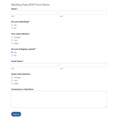 Example of online survey for RSVPs