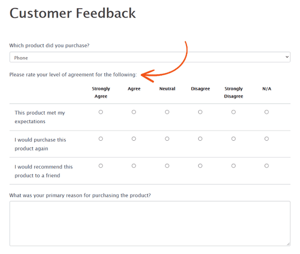 Customer feedback survey example with Likert scale question
