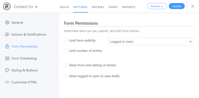 The form permissions restricting user access.