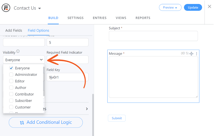 The visibility options on a form. In WordPress restrict page access to specific users