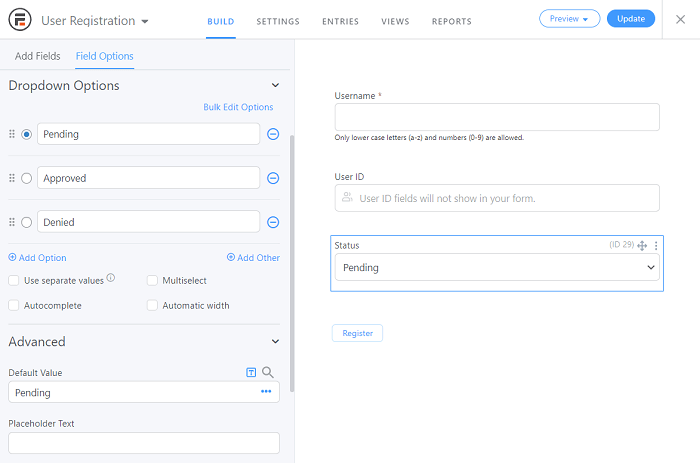 An example of a dropdown status field for spam registration prevention purposes.