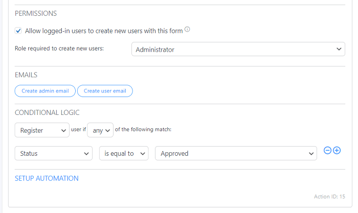 The settings to turn on admin approval on registration forms.