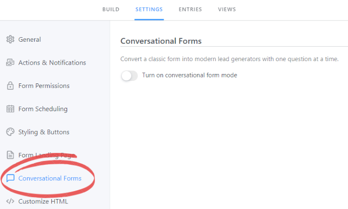 WordPress conversational forms settings