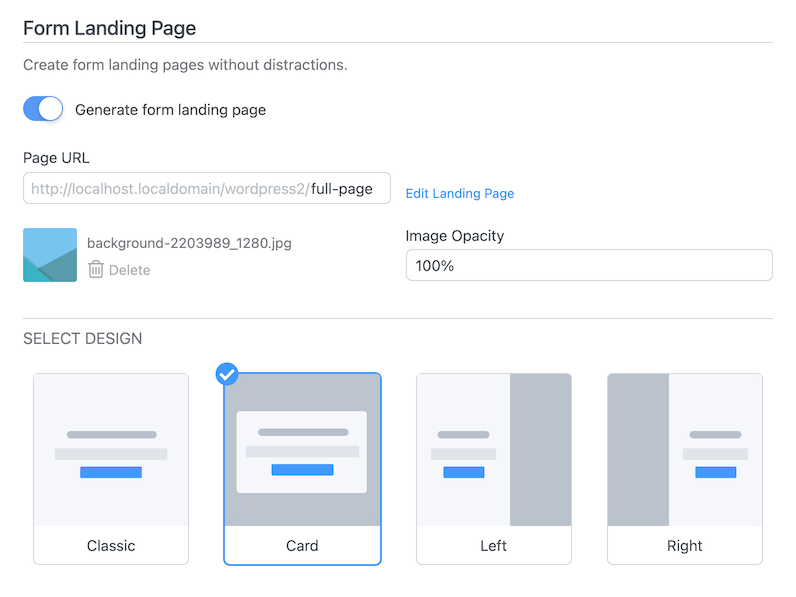 The form landing page settings in Formdiable Forms