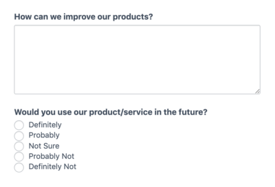 A plain form asking how the company can improve its products and also asking if they would use the products/services in the future
