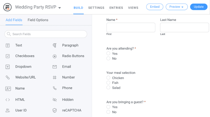 Editing the online wedding RSVP form in Formidable Forms. 