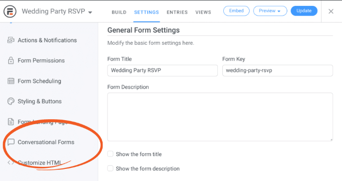 The Conversational Forms tab in Formidable Forms.