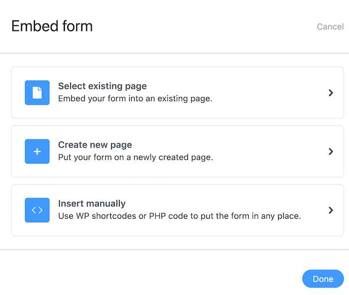 The form Embed options.