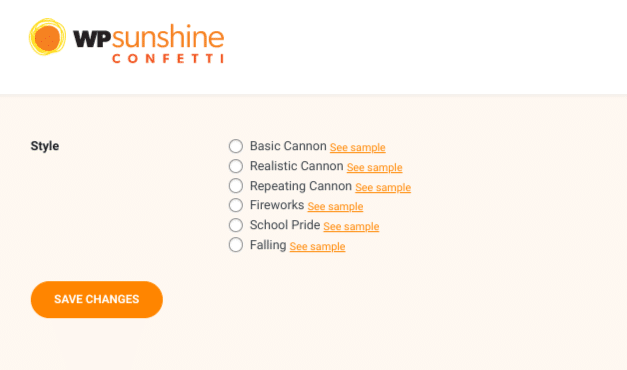 The WP Sunshine confetti animation style settings.