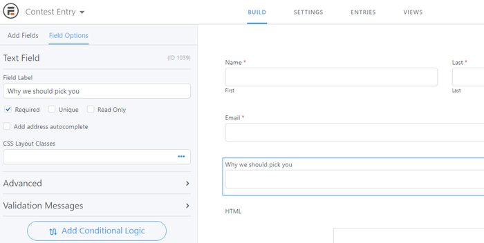Add new text box to contest entry form template